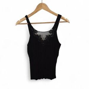 Cambridge Dry Goods Ribbed Lace Mesh Tank Top Black Stretch Y2K Small